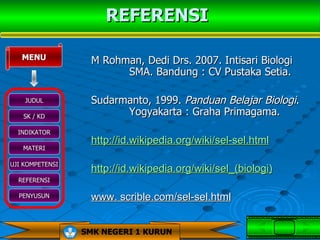 REFERENSI

   MENU           M Rohman, Dedi Drs. 2007. Intisari Biologi
                        SMA. Bandung : CV Pustaka Setia.

    JUDUL         Sudarmanto, 1999. Panduan Belajar Biologi.
   SK / KD
                        Yogyakarta : Graha Primagama.
  INDIKATOR
                  http://id.wikipedia.org/wiki/sel-sel.html
   MATERI

UJI KOMPETENSI
                  http://id.wikipedia.org/wiki/sel_(biologi)
  REFERENSI

  PENYUSUN        www. scrible.com/sel-sel.html


                 SMK NEGERI 1 KURUN
 