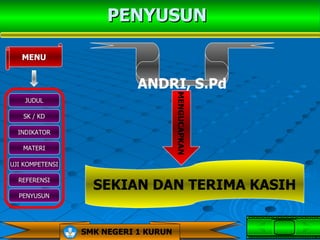 PENYUSUN

   MENU


                            ANDRI, S.Pd




                                      MENGUCAPKAN
    JUDUL

   SK / KD

  INDIKATOR

   MATERI

UJI KOMPETENSI


                   SEKIAN DAN TERIMA KASIH
  REFERENSI

  PENYUSUN




                 SMK NEGERI 1 KURUN
 