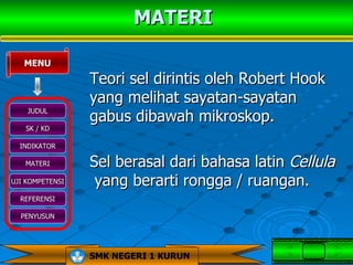 MATERI

   MENU
                 Teori sel dirintis oleh Robert Hook
                 yang melihat sayatan-sayatan
                 gabus dibawah mikroskop.
    JUDUL

   SK / KD

  INDIKATOR

   MATERI        Sel berasal dari bahasa latin Cellula
UJI KOMPETENSI    yang berarti rongga / ruangan.
  REFERENSI

  PENYUSUN




                 SMK NEGERI 1 KURUN
 