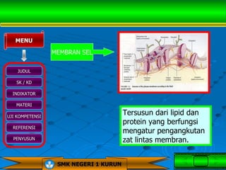 MENU

                 MEMBRAN SEL

    JUDUL

   SK / KD

  INDIKATOR

   MATERI

UJI KOMPETENSI
                                       Tersusun dari lipid dan
                                       protein yang berfungsi
  REFERENSI
                                       mengatur pengangkutan
  PENYUSUN                             zat lintas membran.


                  SMK NEGERI 1 KURUN
 