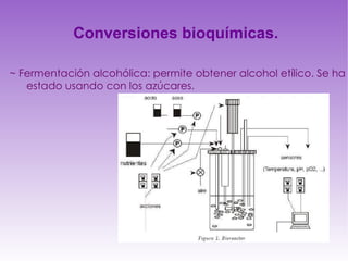 Conversiones bioquímicas. ~ Fermentación alcohólica: permite obtener alcohol etílico. Se ha  estado usando con los azúcares. 