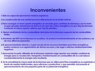 Inconvenientes 1.Sólo  es capaz de aprovechar residuos orgánicos. 2. La construcción de una central provoca alteraciones en el medio natural. 3.Para conseguir un buen aporte energético se necesita gran cantidad de biomasa y por lo tanto ocupar grandes extensiones de tierra en el caso del cultivo energético ya que 3kg de biomasa contienen el mismo aporte calórico que 1kg de petróleo. 4. Menor rendimiento de los combustibles derivados de la biomasa respecto de los combustibles fósiles. 5.Alrededor del 40% de la biomasa es acuática. Se produce fundamentalmente en los océanos y es de muy difícil recuperación. 6.El aprovechamiento directo y a gran escala de los recursos forestales para fines energéticos podría conducir a un agotamiento de dichos recursos y dar lugar a efectos medioambientales negativos. 7.Aprovechar la parte utilizable de la biomasa existente exige aportar una notable cantidad de energía para su recolección, transporte y transformación en combustible útil, lo cual reduce considerablemente la energía neta resultante. 8. En la actualidad,la mayor parte de la biomasa que se utiliza para fines energéticos es explotada a través de medios tradicionales, poco eficaces y productivos, y que permiten únicamente el aprovechamiento de una pequeña parte de su potencial energético. 