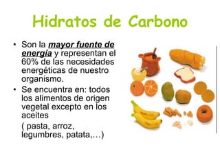 Hidratos de Carbono <ul><li>Son la  mayor fuente de energía  y representan el 60% de las necesidades energéticas de nuestr...