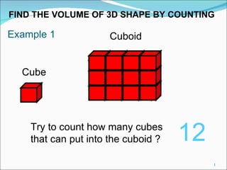Cube Cuboid Try to count how many cubes that can put into the cuboid ? 12 Example 1 FIND THE VOLUME OF 3D SHAPE BY COUNTING 