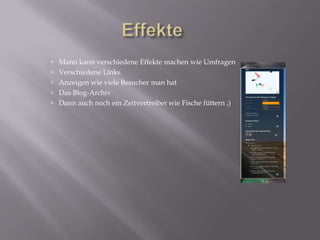  Mann kann verschiedene Effekte machen wie Umfragen
 Verschiedene Links
 Anzeigen wie viele Besucher man hat
 Das Blog-Archiv
 Dann auch noch ein Zeitvertreiber wie Fische füttern ;)
 