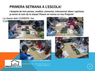 PRIMERA SETMANA A L’ESCOLA!
I després de tant pensar, meditar, comentar, intercanviar idees i opinions,
ja tenim el nom de la classe! Posem en marxa un nou Projecte!
E S C O L A M A S M A R I A
A V I N G U D A D E L E S E S C O L E S , 6 - 8
0 8 3 4 8 C A B R I L S
11
La classe dels CUINERS i les
CUINERES
 