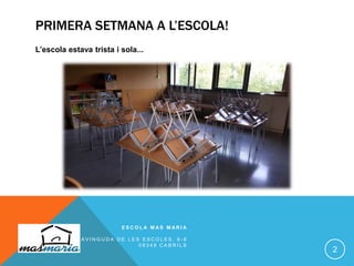 PRIMERA SETMANA A L’ESCOLA!
L’escola estava trista i sola...
E S C O L A M A S M A R I A
A V I N G U D A D E L E S E S C O L E S , 6 - 8
0 8 3 4 8 C A B R I L S
2
 