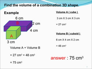 Find the volume of a combination 3D shape. 3 cm 4 cm 2 cm 6 cm Volume A ( cube )  3 cm X 3 cm X 3 cm  = 27 cm 3 Volume B ( cuboid )  6 cm X 4 cm X 2 cm  = 48 cm 3 Volume A + Volume B  = 27 cm 3  + 48 cm 3 = 75 cm 3 A B answer  : 75 cm 3 Example 