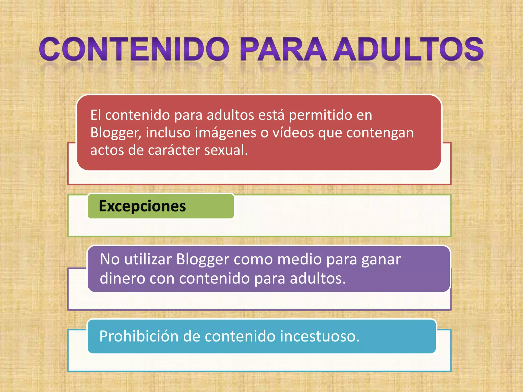 El contenido para adultos está permitido en
Blogger, incluso imágenes o vídeos que contengan
actos de carácter sexual.


 Excepciones


 No utilizar Blogger como medio para ganar
 dinero con contenido para adultos.


 Prohibición de contenido incestuoso.
 