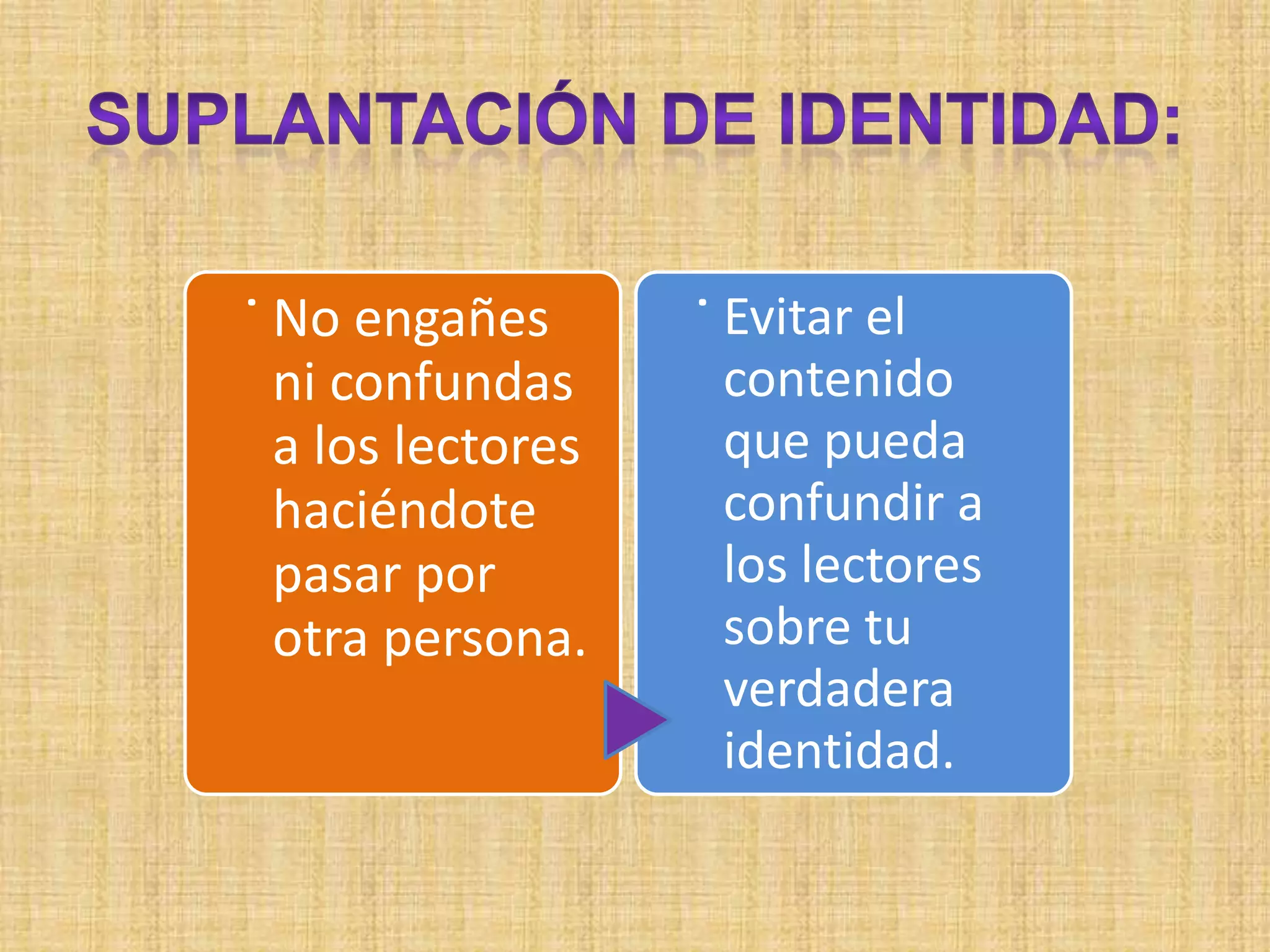 No engañes           Evitar el
.




                     .
    ni confundas         contenido
    a los lectores       que pueda
    haciéndote           confundir a
    pasar por            los lectores
    otra persona.        sobre tu
                         verdadera
                         identidad.
 