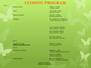 CLOSING PROGRAM 
Part I 
National Anthem LORNA M. VITALIZ 
Adviser, Grade I 
Prayer MA. LUISA P. ALON 
Adviser, Grade II 
Welcome Remarks CARLITO F. RAMOS 
Principal, Bubukal ES 
Messages DR. CARMELITA R. MIRANDILLA 
District Supervisor, Santa Cruz 
HON. FLORINDO DAMITAN 
Brgy. Chairman– Bubukal 
HON. ANTONIO FUENTES 
Brgy. Chairman– Labuin 
HON. Nico Pamilacan 
Brgy. Chairman– San Juan 
Part II 
Symbolic Turn-Over CARLITO F. R AMOS 
(BRIGADA ESKWELA 2015) Principal, Bubukal ES 
Part III 
Awarding of Certificate BABIENELL . AMPO 
Chairman (Brigada Eskwela 2014) 
CARLITO F. RAMOS 
Principal, Bubukal ES 
Closing Remarks BOICCE R. LAVAREZ, JR. 
President - Teachers Association 
PAOLO Z. MANALO 
Master of Ceremony 
