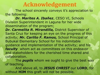 Acknowledgement 
The school sincerely conveys it’s appreciation to 
the following: 
Dr. Marites A. Ibañez, CESO VI, Schools 
Division Superintendent in Laguna for her wide 
dissemination of the program; 
Dr. Carmelita R. Mirandilla, District Supervisor of 
Santa Cruz for keeping an eye on the progress of this 
activity; Mr. Carlito F. Ramos, School Principal of 
Bubukal Elementary School for his indomitable 
guidance and implementation of the activity; and his 
faculty whom act as committees on this endeavor 
and stakeholders for the cherished time shared and 
collaboration. 
The pupils whom we ought to give the best way 
of teaching. 
And above all, to JESUS CHRIST our LORD, for 
without HIM this graft will not be possible. 
 
