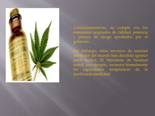 Consecuentemente, no cumple con los
estándares aceptados de calidad, potencia
y pureza de droga aprobados por el
gobierno.
Sin embargo, otros servicios de sanidad
alrededor del mundo han decidido ignorar
estos hechos. El Ministerio de Sanidad
israelí, por ejemplo, reconoce formalmente
las capacidades terapéuticas de la
marihuana medicinal.
 