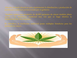 Además, formuló directivas para implementar la distribución y producción de
marihuana medicinal promocionada por el gobierno.
También estima que alrededor de 40.000 pacientes de cáncer tendrán pleno
acceso a la marihuana medicinal una vez que se haga efectiva la
implementación del programa.
En definitiva, la marihuana medicinal posee múltiples beneficios para los
pacientes de cáncer.
 