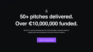 50+ pitches delivered.
Over €10,000,000 funded.
Bundl is a venture development firm that leverages corporate assets to
rapidly build new businesses into future revenue streams.
Learn more about Bundl
 