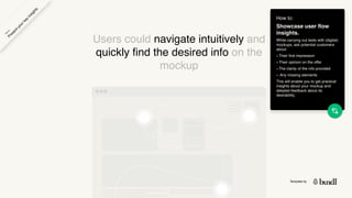 Template by
How to:
Showcase user flow
insights.
While carrying out tests with (digital)
mockups, ask potential customers
about:
-Their first impression
-Their opinion on the offer
-The clarity of the info provided
- Any missing elements
This will enable you to get practical
insights about your mockup and
detailed feedback about its
desirability.
Users could navigate intuitively and
quickly find the desired info on the
mockup
P
r
e
s
e
n
t
y
o
u
r
k
e
y
i
n
s
i
g
h
t
s
H
o
w
t
o
 