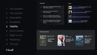8 Roadmap
The ask
9
1
2
3
4
5
6
7
The problem
The solution
Desirability
Feasibility
Viability
Go to market
Right to win
Checklist: Tools:
Visualise your market opportunity using
TAM, SAM and SOM.
5 Viability
Explain your business model and
revenue streams.
Show your projected revenue (3Y) as
well as your expected profits and losses.
Present the investments you’ll need and
tie them to milestones in your growth
process.
CB Insights - In need of some inspiration or market
intelligence? Get lost on CB insights.
The Market Opportunity Navigator -
Worksheets and extra resources from Where to Play.
Business Model Navigator - Interactive add-on
to the book: The Business Model Navigator.
Dun & Bradstreet - Business intelligence,
finance reports and risk-management tools.
Interesting reads:
01
The Business
Model
Navigator
Book - Oliver
Gassmann 02
Innovation - The
launchpad out of
the crisis
Article -
McKinsey 03 Book - Gruber
and Tal
Where to Play -
The Market
Opportunity
Navigator
 