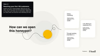 Template by
Slide 6.1
Reaching your first 100 customers.
Explain your go to market strategy: What are your first
steps; how will you reach the first customers? Depending
on your topic, you’ll have one or more options. Make sure
you clarify which one would be more interesting and why.
How can we open
this honeypot?
Online
marketing
Through existing
channels in x
Link offering to
customers of y
Explain relevant
topics like context,
strategy or
benefits.
Explain relevant
topics like context,
strategy or
benefits.
Explain relevant
topics like context,
strategy or
benefits.
 