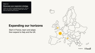 Template by
Slide 6.2
Showcase your expansion strategy.
Outline your plans for geographical expansion: Will you
start in one country, maybe two? Which year will you
start the rollout to other horizons?
Expanding our horizons
Start in France, learn and adapt,
then expand to Italy and the UK.
 