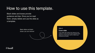 How to use this template.
Slide 0
Cover slide
Cover slides help capture the interest of your
audience. It’s the one that gets projected while
people are entering the room or before your
conference call starts.
Black slides and black
boxes: you can remove!
Black slides and boxes provide
guidance and tips. Once you’ve read
them, simply delete and use the slide as
a template.
 