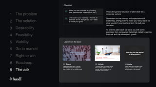 8 Roadmap
The ask
9
1
2
3
4
5
6
7
The problem
The solution
Desirability
Feasibility
Viability
Go to market
Right to win
Checklist:
Make your ask concrete (e.g. funding,
time, partnerships, infrastructure, etc.).
The ask
9
Learn from the best:
01 Zuora
Legendary sales deck. It has an
enthralling story, and a poignant
way of laying out the problem area.
02 Airbnb
The pitch deck that raised $500K.
the business case is a thing of
wonder, and it focuses on the
simplicity of the solution.
03 Buffer
A pitch deck with a gripping intro
skipping over the problem and
going straight to the solution.
Link back to your roadmap - Provide an
estimate of how many FTEs you’ll need
to reach your goals.
This is the general structure of pitch deck for a
corporate venture.
Dependent on the concept and expectations of
leadership, cherry pick the slides you need, leave out
what you don’t, and twist and turn it to suit your
narrative.
To end this pitch deck we leave you with some
examples from companies that simply nailed it, gaining
their ask and the subsequent growth.
 