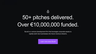 50+ pitches delivered.
Over €10,000,000 funded.
Bundl is a venture development firm that leverages corporate assets to
rap...