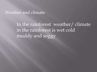 Weather and climate
In the rainforest weather/ climate
in the rainforest is wet cold
muddy and soggy