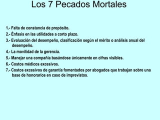 Los 7 Pecados Mortales  1.- Falta de constancia de propósito.  2.- Énfasis en las utilidades a corto plazo.  3.- Evaluación del desempeño, clasificación según el mérito o análisis anual del desempeño.  4.- La movilidad de la gerencia.  5.- Manejar una compañía basándose únicamente en cifras visibles.  6.- Costos médicos excesivos. 7.- Costos excesivos de garantía fomentados por abogados que trabajan sobre una base de honorarios en caso de imprevistos . 