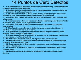 14 Puntos de Cero Defectos  1.- Compromiso de la dirección: la alta dirección debe definir y comprometerse en una política de mejora de la calidad. 2.- Equipos de mejora de la calidad: se formarán equipos de mejora mediante los representantes de cada departamento. 3.- Medidas de la calidad: se deben reunir datos y estadísticas para analizar las tendencias y los problemas en el funcionamiento de la organización. 4.- El coste de la calidad: es el coste de hacer las cosas mal y de no hacerlo bien a la primera. 5.- Tener conciencia de la calidad: se adiestrará a toda la organización enseñando el coste de la no calidad con el objetivo de evitarlo. 6.- Acción correctiva: se emprenderán medidas correctoras sobre posibles desviaciones. 7.- Planificación cero defectos: se definirá un programa de actuación con el objetivo de prevenir errores en lo sucesivo. 8.- Capacitación del supervisor: la dirección recibirá preparación sobre cómo elaborar y ejecutar el programa de mejora. 9.- Día de cero defectos: se considera la fecha en que la organización experimenta un cambio real en su funcionamiento. 10.- Establecer las metas: se fijan los objetivos para reducir errores. 11.- Eliminación de la causa error: se elimina lo que impida el cumplimiento del programa de actuación error cero. 12.- Reconocimiento: se determinarán recompensas para aquellos que cumplan las metas establecidas. 13.- Consejos de calidad: se pretende unir a todos los trabajadores mediante la comunicación. 14.- Empezar de nuevo: la mejora de la calidad es un ciclo continuo que no termina 