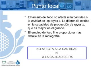 Punto focal El tamaño del foco no afecta ni la  cantidad  ni la  calidad  de los rayos x. La diferencia estriba en la capacidad de producción de rayos x, que es mayor en el grande.  El empleo de foco fino proporciona más detalle en la radiografía. NO AFECTA A LA CANTIDAD NI A LA CALIDAD DE RX 