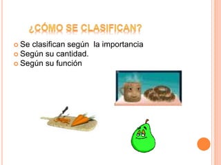  Se clasifican según la importancia
 Según su cantidad.
 Según su función
 