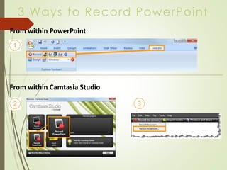 3 Ways to Record PowerPoint
From within PowerPoint
From within Camtasia Studio
 