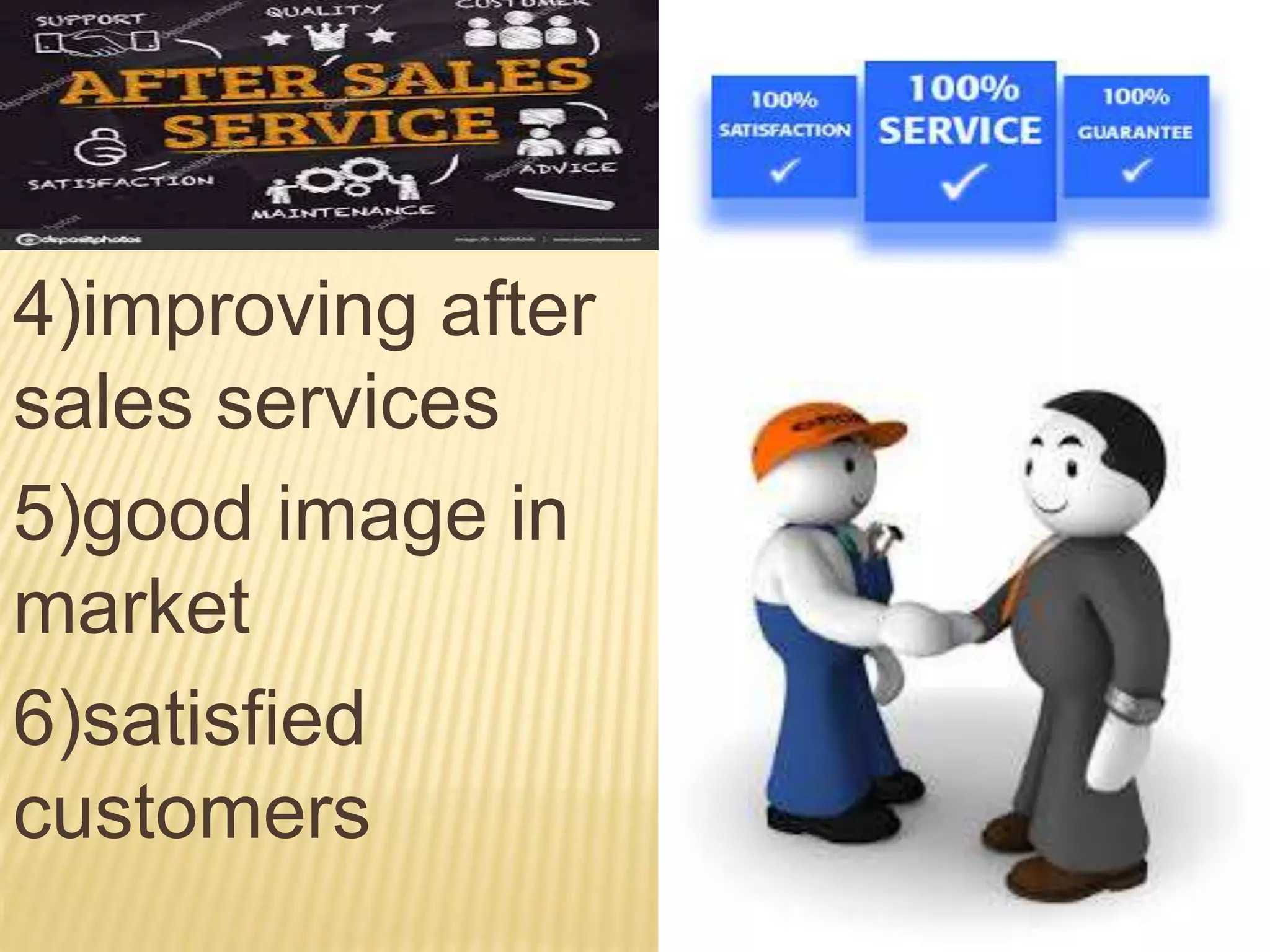 4)improving after
sales services
5)good image in
market
6)satisfied
customers