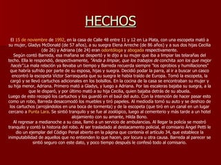 HECHOS El  15 de noviembre  de  1992 , en la casa de Calle 48 entre 11 y 12 en La Plata, con una escopeta mató a su mujer,...