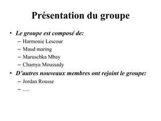 Présentation du groupeLe groupe est composé de:Harmonie LescourMaud maringMaruschkaMbayChamyaMoussadyD’autres nouveaux membres ont rejoint le groupe:Jordan Rousse…. 