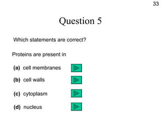 Question 5 Which statements are correct? Proteins are present in (a)   cell membranes (b)   cell walls (c)   cytoplasm (d)   nucleus 33 