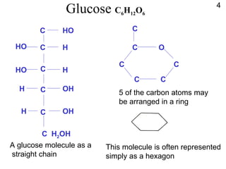 Glucose  C 6 H 12 O 6 C C C C C C HO HO H HO H H OH H OH H 2 OH A glucose molecule as a straight chain 5 of the carbon atoms may be arranged in a ring This molecule is often represented simply as a hexagon 4 C O C C C C C 