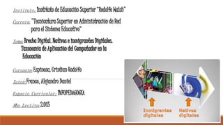 Instituto: Instituto de Educación Superior “Rodolfo Walsh”
Carrera: "Tecnicatura Superior en Administración de Red
para el Sistema Educativo“
Tema: Brecha Digital. Nativos e inmigrantes Digitales.
Taxonomía de Aplicación del Computador en la
Educación
Cursante: Espinosa, Cristian Rodolfo
Tutor: Franco, Alejandro Daniel
Espacio Curricular: INFOPEDAGOGÍA
Año Lectivo: 2.015
 