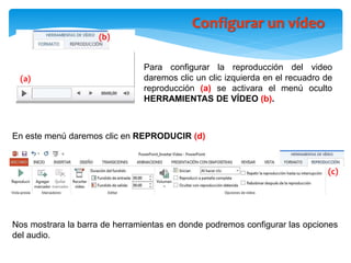 Configurar un vídeo
Para configurar la reproducción del video
daremos clic un clic izquierda en el recuadro de
reproducción (a) se activara el menú oculto
HERRAMIENTAS DE VÍDEO (b).
En este menú daremos clic en REPRODUCIR (d)
(b)
(a)
(c)
Nos mostrara la barra de herramientas en donde podremos configurar las opciones
del audio.
 
