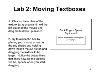 Lab 2: Moving Textboxes 1.  Click on the outline of the textbox (gray area) and hold the left button of the mouse and drag the text box up an inch 2. Try to resize the box by placing your mouse arrow on the tiny circles and holding down the left mouse button and dragging the textbox to be larger.  Notice the dotted lines that show how big the textbox will be, appear when you start dragging.  