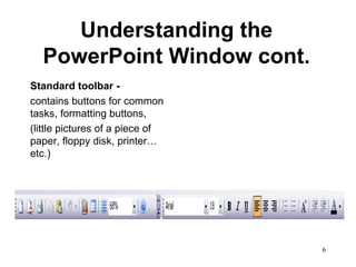 Understanding the PowerPoint Window cont. Standard toolbar - contains buttons for common tasks, formatting buttons,  (little pictures of a piece of paper, floppy disk, printer…etc.) 