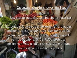 Causes de les protestes Les causes més destacades de les revoltes: La pujada de preu dels aliments: En Libia, per exemple, la major part dels habitants no és poden permitir una pujada de preus ja que la renta per cápita és de 8,765 cosa què empobreix més el país i en aquesta mateixa situació estàn altres molts països. 