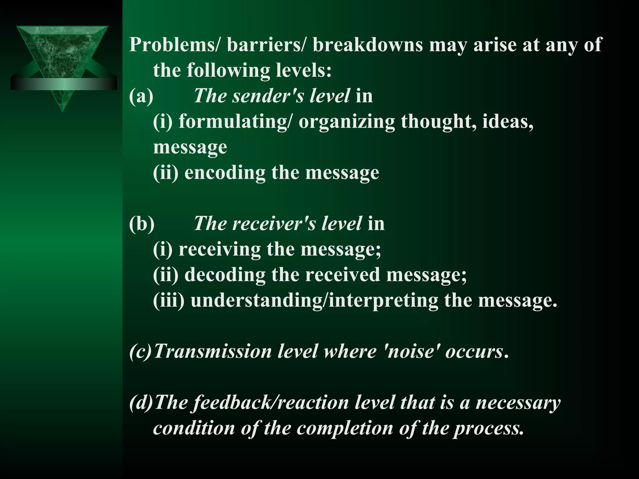 Problems/ barriers/ breakdowns may arise at any of
   the following levels:
(a)      The sender's level in
   (i) formulating/ organizing thought, ideas,
   message
   (ii) encoding the message

(b)      The receiver's level in
   (i) receiving the message;
   (ii) decoding the received message;
   (iii) understanding/interpreting the message.

(c)Transmission level where 'noise' occurs.

(d)The feedback/reaction level that is a necessary
   condition of the completion of the process.
 
