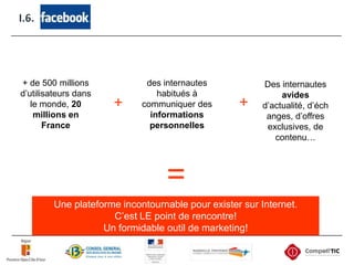 I.6. + de 500 millions d’utilisateurs dans le monde, 20 millions en Francedes internautes habitués à communiquer des informations personnellesDes internautes avides d’actualité, d’échanges, d’offres exclusives, de contenu…++=Une plateforme incontournable pour exister sur Internet. C’est LE point de rencontre! Un formidable outil de marketing!