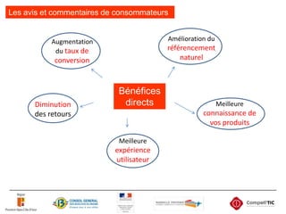 Les avis et commentaires de consommateursAmélioration du référencement naturel         Augmentation du taux de conversionBénéfices directs Diminution des retoursMeilleure connaissance de vos produitsMeilleure expérience utilisateur
