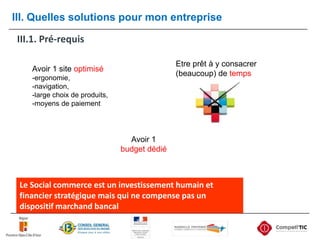 III. Quelles solutions pour mon entrepriseIII.1. Pré-requisEtre prêt à y consacrer (beaucoup) de tempsAvoir 1 site optimisé-ergonomie, -navigation, -large choix de produits, -moyens de paiementAvoir 1 budget dédiéLe Social commerce est un investissement humain et financier stratégique mais qui ne compense pas un dispositif marchand bancal