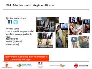 Quelle valeur ajoutée?Créez votre blog (1-2j/h)Postez des vidéos sur youtube (1-2j/h)Créez votre fan page sur facebook(vitrine dynamique) (1j/h)Ne pas hésiter à consulter des spécialistes du community management