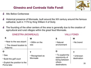 Alto Belice Corleonese Historical presence of Monreale, built around the XIII century around the famous cathedral, built in 1174 by King William II of Sicily The founding of the other centers of the area is generally due to the creation of agricultural and rural villages within the great feud Monreale. Ginestra and Contrada Valle Fondi O To exploit the opportunity of being between others destinations T Unknown destination  S Natural environment   W No brand VALLI FONDI GINESTRA (MONREALE) S  Near to the sea   airport The closest location to Palermo W 500m on the sea O Sea Build the golf court Exploit the position to the Poma lake T Recognised as Monreale 