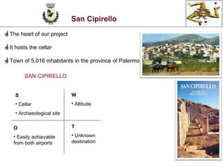 The heart of our project It hosts the cellar T own of 5,016 inhabitants in the province of Palermo San Cipirello SAN CIPIRELLO S Cellar Archaeological site   W Altitude O Easily achievable from both airports  T Unknown destination  