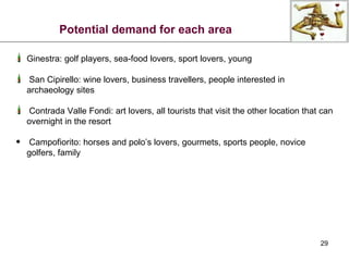 Ginestra: golf players, sea-food lovers, sport lovers, young San Cipirello: wine lovers, business travellers, people interested in archaeology sites Contrada Valle Fondi: art lovers, all tourists that visit the other location that can overnight in the resort Campofiorito: horses and polo’s lovers, gourmets, sports people, novice golfers, family Potential demand for each area 